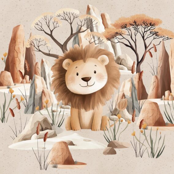 1 French Terry Sweatstoff Panel mit süßem Löwen in der Steppe – 40x50cm – Wildtiere Sommersweat Kinderstoff für Jungen – Digitaldruck – Ökotex – Safari Boy