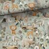0,5m French Terry Sweat Stoff mit süße Tiere in der Savanne – Löwe, Elefant, Krokodil, Tiger, Giraffe, Affe, Zebra, Tiger – Wildtiere für Jungen – Digital – Ökotex – Safari auf grün