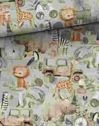 0,5m French Terry Sweat Stoff mit süße Tiere in der Savanne – Löwe, Elefant, Krokodil, Tiger, Giraffe, Affe, Zebra, Tiger – Wildtiere für Jungen – Digital – Ökotex – Safari auf grün