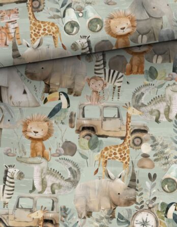 0,5m French Terry Sweat Stoff mit süße Tiere in der Savanne – Löwe, Elefant, Krokodil, Tiger, Giraffe, Affe, Zebra, Tiger – Wildtiere für Jungen – Digital – Ökotex – Safari auf grün 0,5m French Terry Sweat Stoff mit süße Tiere in der Savanne – Löwe, Elefant, Krokodil, Tiger, Giraffe, Affe, Zebra, Tiger – Wildtiere für Jungen – Digital – Ökotex – Safari auf grün