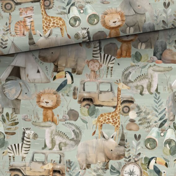 0,5m French Terry Sweat Stoff mit süße Tiere in der Savanne – Löwe, Elefant, Krokodil, Tiger, Giraffe, Affe, Zebra, Tiger – Wildtiere für Jungen – Digital – Ökotex – Safari auf grün