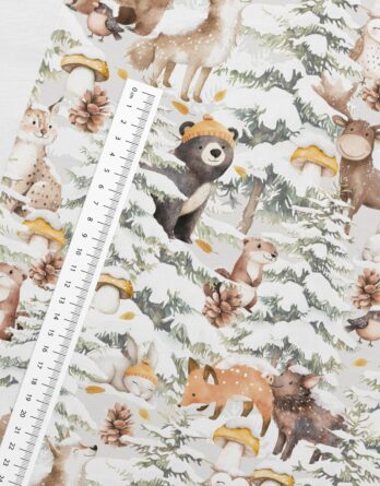 0,5m French Terry Sweat Stoff mit Tiere im Schnee – Wölfe, Bären, Hasen, Wildschweine, Elche, Luchse, Eulen, Marder, Vögel, usw. – Waldtiere im Winter für Jungen – Digital – Ökotex – Schneeglück