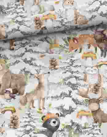 0,5m French Terry Sweat Stoff mit Tiere im Schnee – Wölfe, Bären, Hasen, Wildschweine, Elche, Luchse, Eulen, Marder, Vögel, usw. – Waldtiere im Winter für Jungen – Digital – Ökotex – Schneeglück
