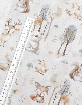 0,5m Premium Baumwollstoff mit Tiere im Wald auf sandgrau – Stoffe für Kinder – Jungen und Mädchen Waldtiere Baumwollstoffe zum Nähen – Reh Bär Maus Ente – Kinderstoffe aus 100% Baumwolle für Neugeborene & Babys – Digital – Ökotex