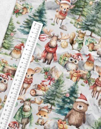 0,5m Premium Baumwollstoff mit Tiere im Wald – Waldtiere Baumwollstoffe zum Nähen – Bär Fuchs Igel Hase Eule Vogel – Kinderstoffe aus 100% Baumwolle – Weihnachten im Winter – Digital – Ökotex