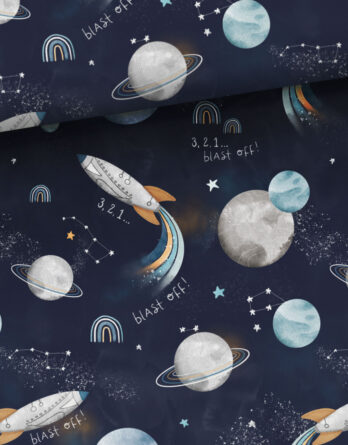 0,5m leichter Jersey Stoff mit Motive aus dem Weltraum – Raketen, Planeten, Milchstraßen, Sterne & Mond auf navy blau – Weltall Jungen Baumwolljersey – Kinderstoff zum Nähen – Digital – Ökotex