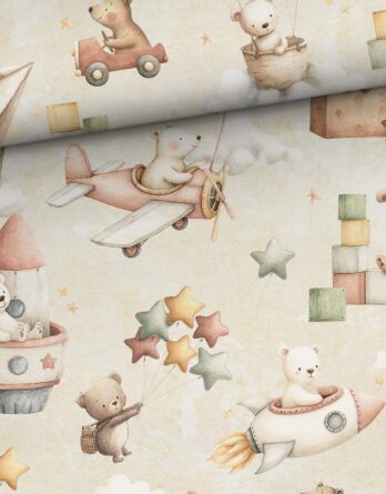 0,5m Premium Baumwollstoff mit niedliche Bären in Rakete, Luftballons, Flugzeuge – Tiere im Wald auf beige – Jungen Kinderstoffe für Neugeborene & Babys – Digital – Ökotex – Babybär
