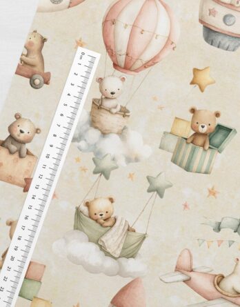 0,5m Premium Baumwollstoff mit niedliche Bären in Rakete, Luftballons, Flugzeuge – Tiere im Wald auf beige – Jungen Kinderstoffe für Neugeborene & Babys – Digital – Ökotex – Babybär