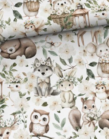 0,5m Premium Baumwollstoff mit Waldtiere, wie Hase, Eule, Reh, Bär, Vogel, Igel & Eichhörnchen mit Blumen – Kinderstoffe für Neugeborene & Babys – Digital – Ökotex – Tierliebe