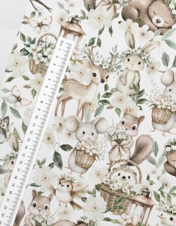 0,5m Premium Baumwollstoff mit Waldtiere, wie Hase, Eule, Reh, Bär, Vogel, Igel & Eichhörnchen mit Blumen – Kinderstoffe für Neugeborene & Babys – Digital – Ökotex – Tierliebe