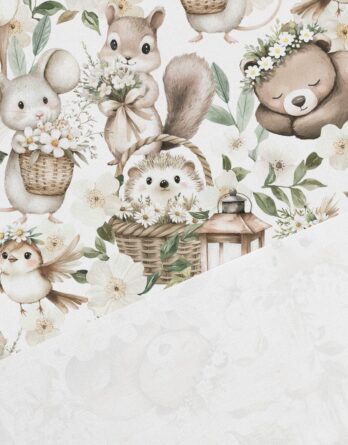 0,5m Premium Baumwollstoff mit Waldtiere, wie Hase, Eule, Reh, Bär, Vogel, Igel & Eichhörnchen mit Blumen – Kinderstoffe für Neugeborene & Babys – Digital – Ökotex – Tierliebe