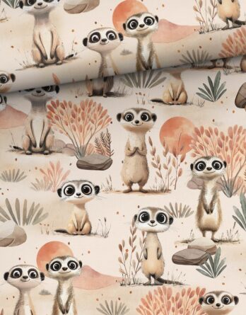 Erdmaennchen 348x445 - 40x50cm French Terry / Sommersweat Stoff Panel mit s&uuml;&szlig;e Erdm&auml;nnchen in der Steppe - Wildtiere Sweat Panelstoff Stoffe zum N&auml;hen f&uuml;r Jungen und M&auml;dchen - Digitaldruck - &Ouml;kotex