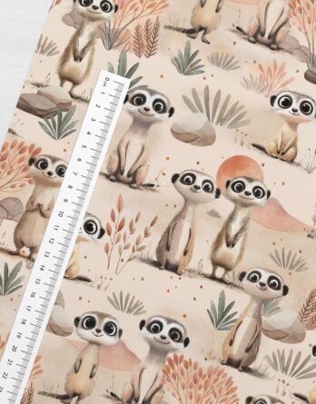 Erdmaennchen Massstab BW FT 348x445 - 40x50cm French Terry / Sommersweat Stoff Panel mit s&uuml;&szlig;e Erdm&auml;nnchen in der Steppe - Wildtiere Sweat Panelstoff Stoffe zum N&auml;hen f&uuml;r Jungen und M&auml;dchen - Digitaldruck - &Ouml;kotex