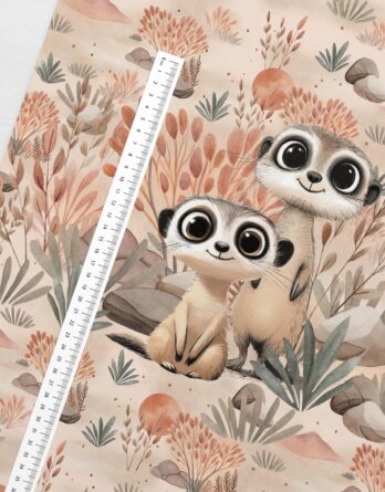 40x50cm French Terry / Sommersweat Stoff Panel mit süße Erdmännchen in der Steppe – Wildtiere Sweat Panelstoff Stoffe zum Nähen für Jungen und Mädchen – Digitaldruck – Ökotex