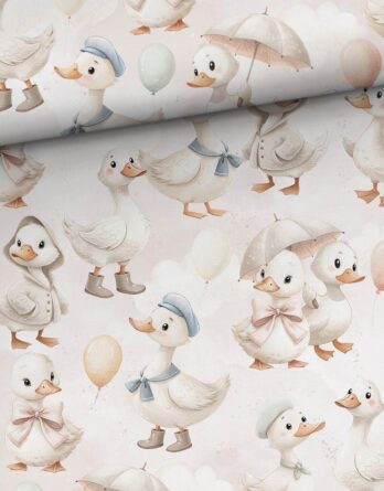 0,5m Premium Baumwollstoff mit zuckersüße Gänse auf pastelligem rosa – Kinderstoff für Neugeborene, Babys und Kinder – Digital – Ökotex – Gänseliebe