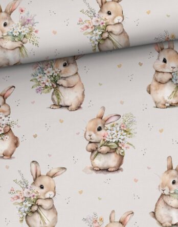 0,5m Premium Baumwollstoff mit zuckersüße Hasen, Herzen mit Blumen auf rosa – Kinderstoff für Neugeborene, Babys und Kinder – Digital – Ökotex