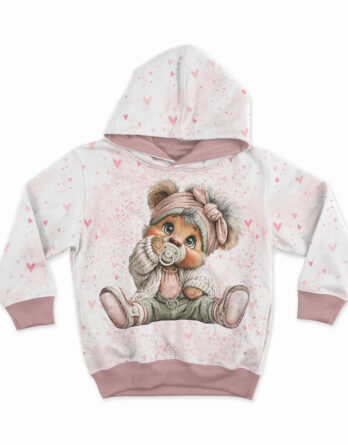 40x50cm French Terry Sommersweat Stoff Panel mit süßem Bär mit Nucki auf niedlichen Herzen – Mädchen Stoffpanel zum Nähen für Baby & Kinder – Digital – Ökotex – Herzliebe