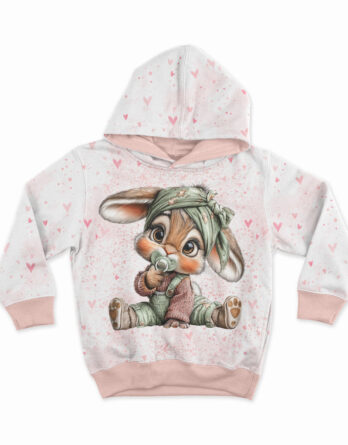 40x50cm French Terry Sommersweat Stoff Panel mit Hase und Nucki auf niedlichen Herzen – Mädchen Stoffpanel zum Nähen für Baby & Kinder – Digital – Ökotex – Herzliebe