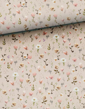 0,5m French Terry Sommersweat Stoff mit niedliche kleine Blumen auf Beige – Mädchen Stoffe zum Nähen für Baby & Kinder – Digital – Ökotex – Kombistoff Osterliebe