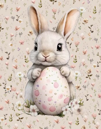 1 French Terry Sommersweat Stoff Panel mit Hase, großem Osterei und Blumen auf Beige – Mädchen Osterhase Stoffpanel zum Nähen für Baby & Kinder – Digital – Ökotex – Osterliebe