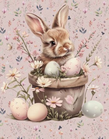 1 French Terry Sommersweat Stoff Panel mit Hase im Osterkorb mit Ostereier und Blumen auf Lila – Mädchen Stoffpanel zum Nähen für Baby & Kinder – Digital – Ökotex – Osterliebe