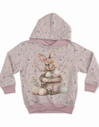 1 French Terry Sommersweat Stoff Panel mit Hase im Osterkorb mit Ostereier und Blumen auf Lila – Mädchen Stoffpanel zum Nähen für Baby & Kinder – Digital – Ökotex – Osterliebe