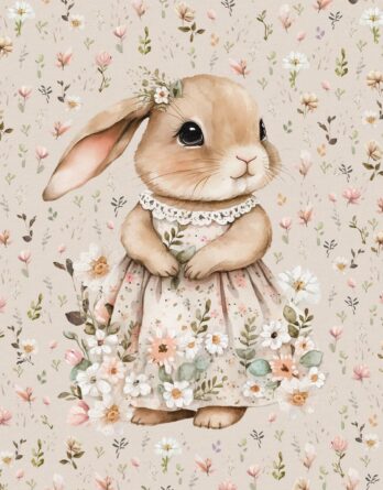 1 French Terry Sommersweat Stoff Panel mit Hase im Kleid mit Blumen auf Beige – Mädchen Osterhase Stoffpanel zum Nähen für Baby & Kinder – Digital – Ökotex – Osterliebe