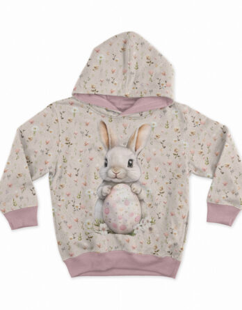 1 French Terry Sommersweat Stoff Panel mit Hase, großem Osterei und Blumen auf Beige – Mädchen Osterhase Stoffpanel zum Nähen für Baby & Kinder – Digital – Ökotex – Osterliebe