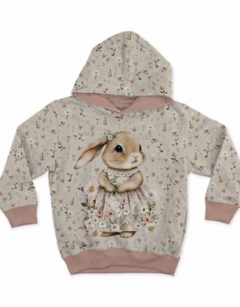 1 French Terry Sommersweat Stoff Panel mit Hase im Kleid mit Blumen auf Beige – Mädchen Osterhase Stoffpanel zum Nähen für Baby & Kinder – Digital – Ökotex – Osterliebe