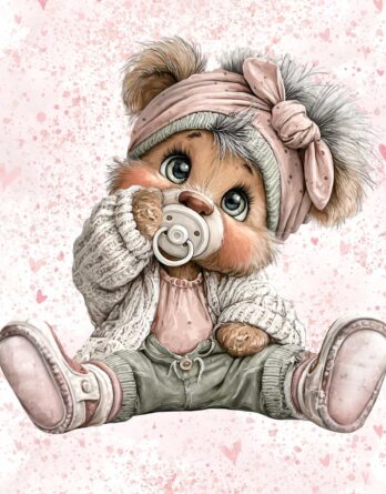 40x50cm French Terry Sommersweat Stoff Panel mit süßem Bär mit Nucki auf niedlichen Herzen – Mädchen Stoffpanel zum Nähen für Baby & Kinder – Digital – Ökotex – Herzliebe