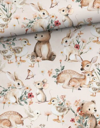 0,5m French Terry Sommersweat Stoff mit Tiere wie Bären, Rehe, Hasen, Mäuse, Vögel, Schmetterlinge und Küken mit Blumen – Mädchen Stoffe zum Nähen für Baby & Kinder – Digital – Ökotex – Springlove