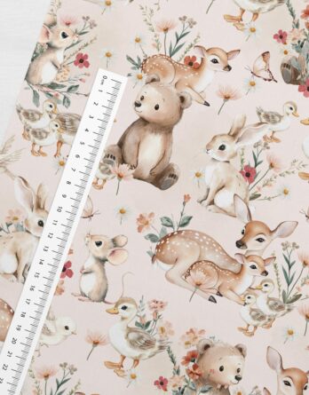 0,5m French Terry Sommersweat Stoff mit Tiere wie Bären, Rehe, Hasen, Mäuse, Vögel, Schmetterlinge und Küken mit Blumen – Mädchen Stoffe zum Nähen für Baby & Kinder – Digital – Ökotex – Springlove