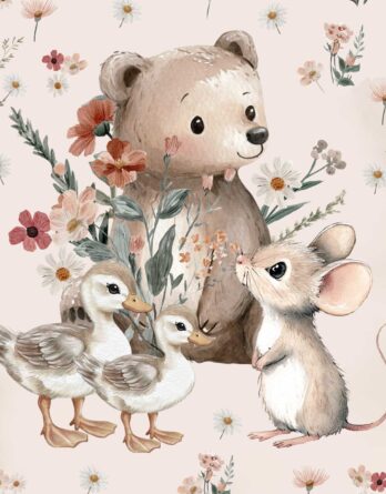 1 French Terry Sommersweat Stoff Panel mit Bären, Enten, Schmetterling und Maus mit Blumen – Mädchen Stoffpanel zum Nähen & Basteln für Baby & Kinder – Digital – Ökotex – Springlove