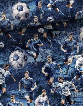 je 50x160cm leichter Baumwolljersey Stoff mit Fußballspieler und Fußball auf Blau in Meterware – Jungen Kinderstoff – Stoffe zum Nähen für Kinder & Baby – Digitaldruck – Ökotex