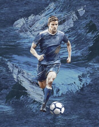 40x50cm French Terry / Sommersweat Stoff Panel mit Fußballspieler und Fußball auf Blau – Jungen Sweat Panelstoff – Stoffpanel Kinderstoff – Stoffe zum Nähen für Kinder & Baby – Digitaldruck – Ökotex