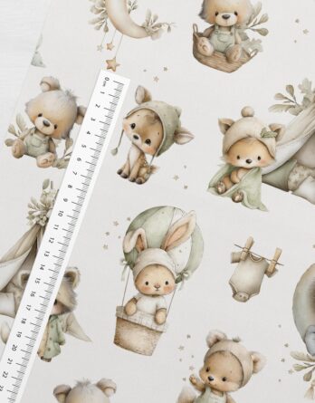 je 0,5m Premium Baumwollstoff mit zuckersüße Tierbabys wie Bären, Igel, Rehe, Füchse und Hasen sowie Mond & Sterne – Kinderstoff für Neugeborene, Babys und Kinder – Digitaldruck – Ökotex – Sweety