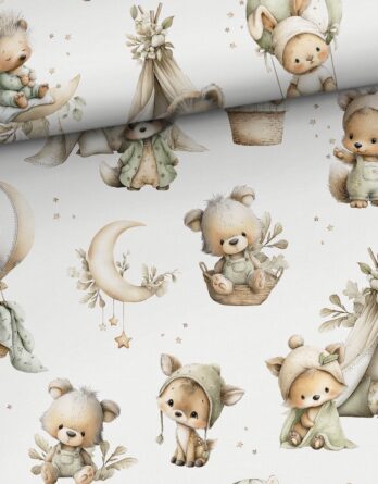 je 0,5m Premium Baumwollstoff mit zuckersüße Tierbabys wie Bären, Igel, Rehe, Füchse und Hasen sowie Mond & Sterne – Kinderstoff für Neugeborene, Babys und Kinder – Digitaldruck – Ökotex – Sweety
