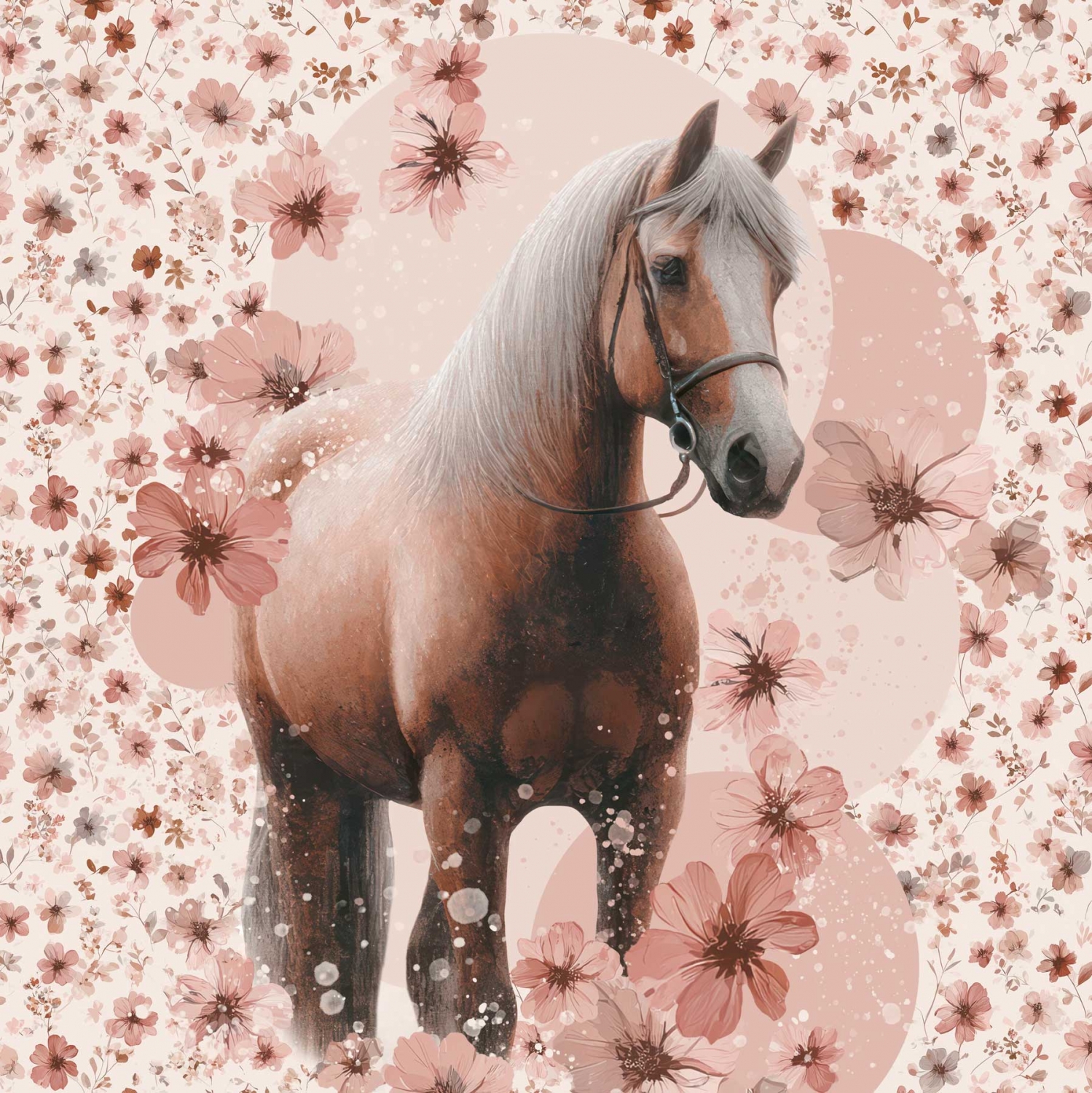 40x50cm French Terry / Sommersweat Stoff Panel mit süßem Haflinger Pferd und Blumen auf Rosa Pink – Mädchen Sweat Panelstoff – Stoffpanel Kinderstoff – Pferde / Pony Stoffe zum Nähen für Kinder & Baby – Digitaldruck – Ökotex