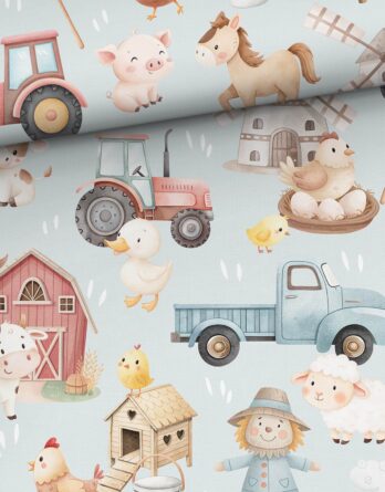 je 50x150cm Premium Baumwollstoff in Meterware mit Kinder Traktor und Tiere am Bauernhof auf Blau – Mädchen und Jungen Kinderstoff & Babystoff mit Bauernhoftiere – Digitaldruck – Ökotex