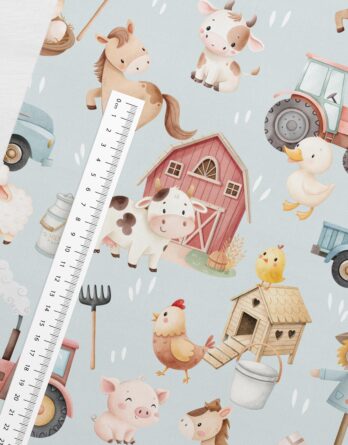 je 50x150cm Premium Baumwollstoff in Meterware mit Kinder Traktor und Tiere am Bauernhof auf Blau – Mädchen und Jungen Kinderstoff & Babystoff mit Bauernhoftiere – Digitaldruck – Ökotex