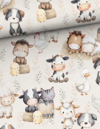 je 50x150cm Premium Baumwollstoff in Meterware mit zuckersüße Tiere auf dem Bauernhof – süß mit Hund Katze Kuh Pferd Ziege – Mädchen und Jungen Kinderstoff & Babystoff mit Bauernhoftiere – Digitaldruck – Ökotex