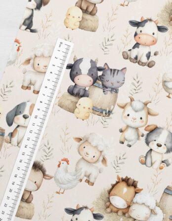 je 50x150cm Premium Baumwollstoff in Meterware mit zuckersüße Tiere auf dem Bauernhof – süß mit Hund Katze Kuh Pferd Ziege – Mädchen und Jungen Kinderstoff & Babystoff mit Bauernhoftiere – Digitaldruck – Ökotex