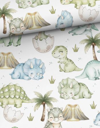 je 0,5m Premium Baumwollstoff mit niedliche kleine Dinosaurier in Meterware – Babystoff & Kinderstoff mit 7 verschiedene Dino Arten – Stoffe zum Nähen für Babys und Kinder – Digitaldruck – Ökotex – Dinobaby