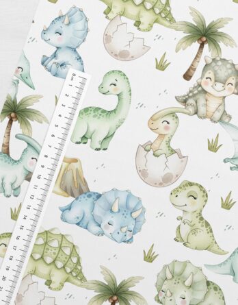 je 0,5m Premium Baumwollstoff mit niedliche kleine Dinosaurier in Meterware – Babystoff & Kinderstoff mit 7 verschiedene Dino Arten – Stoffe zum Nähen für Babys und Kinder – Digitaldruck – Ökotex – Dinobaby