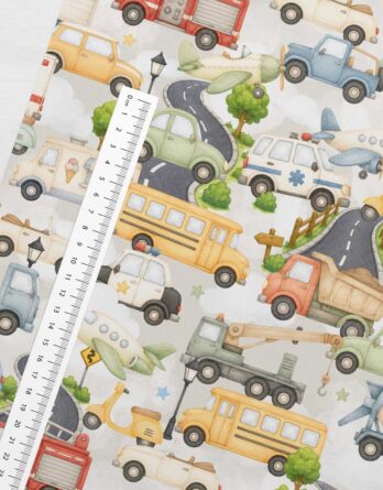 je 50x150cm Premium Baumwollstoff in Meterware mit Fahrzeuge auf der Straße und in der Luft mit Feuerwehr, Rettung, Polizei, Bagger, Auto, Kran, Flugzeug, Bus, Moped, Vespa usw. – Jungen Kinderstoff für Babys, Kleinkinder und Kinder – Stoffe zum Nähen, für Patchwork und mehr – Digitaldruck – Ökotex