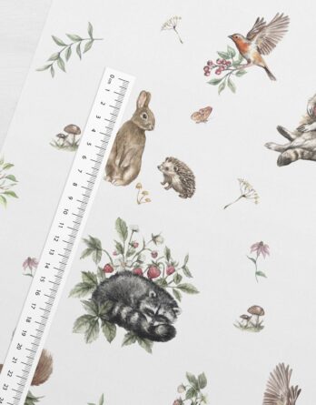 je 50x150cm Premium Baumwollstoff in Meterware mit Waldtiere wie Waschbär, Eichhörnchen, Igel, Vogel, Rotkehlchen, Schmetterling, Maus und Beeren im Herbst – Kinderstoff für Babys, Kleinkinder und Kinder – Stoffe zum Nähen, für Patchwork und mehr – Digitaldruck – Ökotex