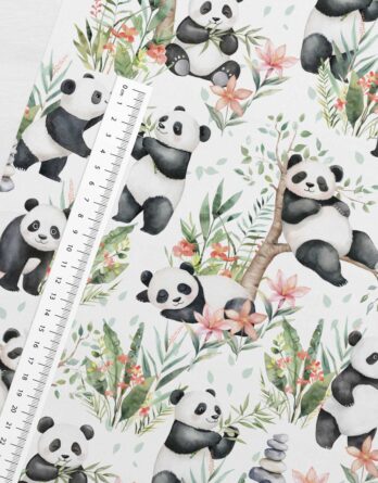 je 50x150cm Premium Baumwollstoff mit niedliche Pandabären im Eukalyptus Wald – Mädchen Kinderstoff für Babys, Kleinkinder und Kinder in Meterware – Stoffe zum Nähen, für Patchwork und mehr – Digitaldruck – Ökotex