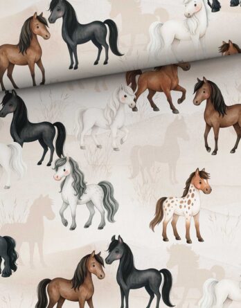 je 50x150cm Premium Baumwollstoff mit niedliche Pferde und Ponys – Mädchen Kinderstoff für Babys und Kinder in Meterware – Digitaldruck – Ökotex je 50x150cm Premium Baumwollstoff mit niedliche Pferde und Ponys – Mädchen Kinderstoff für Babys und Kinder in Meterware – Digitaldruck – Ökotex