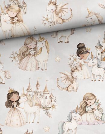 je 50x150cm Premium Baumwollstoff mit Prinzessin, Einhorn, Drache und Blumen vor Märchenschloss – Mädchen Kinderstoff für Babys und Kinder in Meterware – Digitaldruck – Ökotex je 50x150cm Premium Baumwollstoff mit Prinzessin, Einhorn, Drache und Blumen vor Märchenschloss – Mädchen Kinderstoff für Babys und Kinder in Meterware – Digitaldruck – Ökotex
