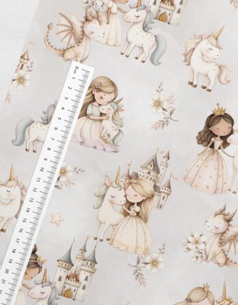 je 50x150cm Premium Baumwollstoff mit Prinzessin, Einhorn, Drache und Blumen vor Märchenschloss – Mädchen Kinderstoff für Babys und Kinder in Meterware – Digitaldruck – Ökotex